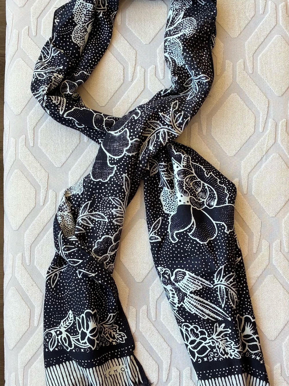 ECHO Black Ivory Floral Scarf Long Fringe Wrap 60” Boho Lightweight